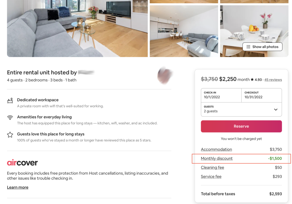 Airbnb monthly discount example